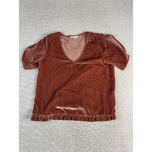 Madewell Blouse Womens Medium Orange Velvet V Neck Short Sleeve Ruffle Hem Top